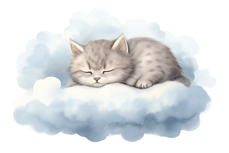 Sleeping Kitten On Cloud In Watercolor Drawing.の素材