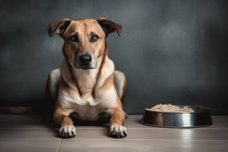 Starving Dog Beside Food Bowl At The Shelter.の素材
