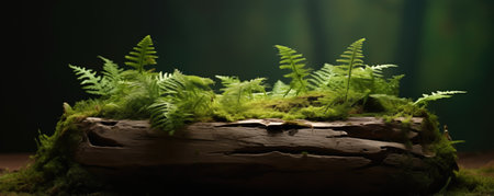 Wooden Stump In Forest With Green Moss And Ferns.の素材