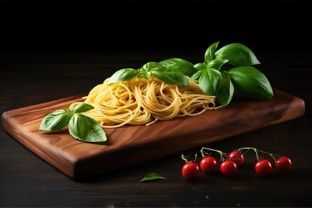 Spaghetti With Basil Garnish On Black Wooden Board.の素材