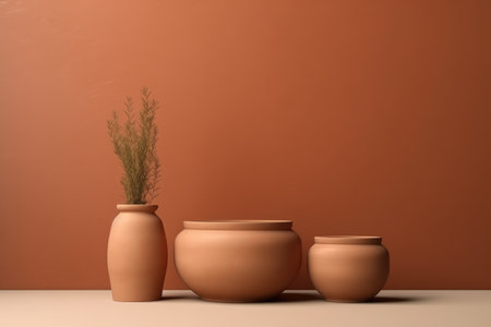 Three Terracotta Pots On A Table.の素材