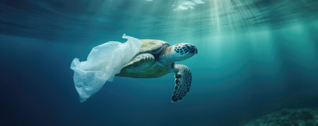 Turtle With Plastic Bag Underwater, Symbolizing Pollution.の素材