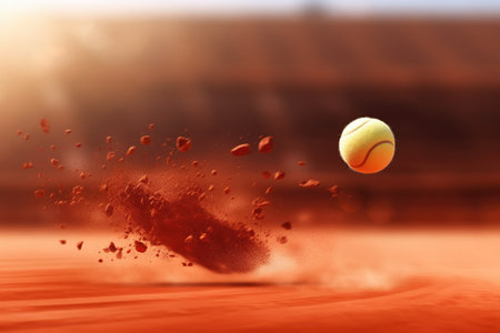 Tennis Ball Splashing On Red Clay Court Sport Illustration.の素材