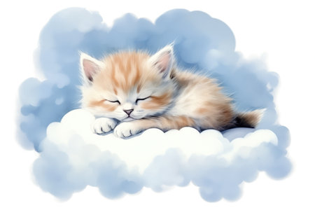 Sleeping Kitten On Cloud In Watercolor Drawing.の素材