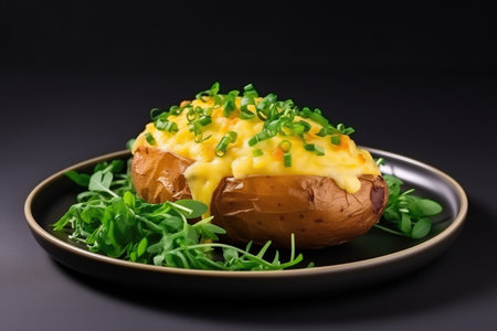 Baked Potato Dish With Cheese And Herbs, Ready To Devour.の素材