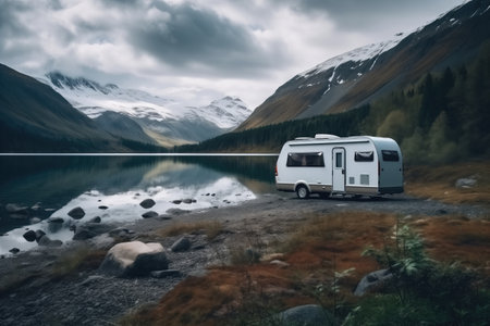 Camper Parked By Lake, Scenic Scandinavian Mountains.の素材