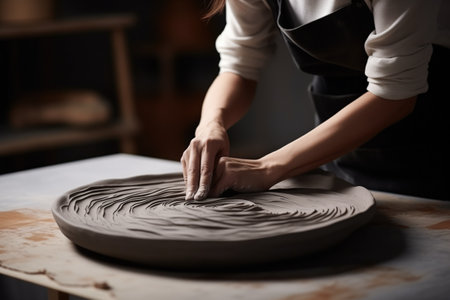 Artisan Rolling Clay Slab To Create Earthenware During Pottery Class.の素材