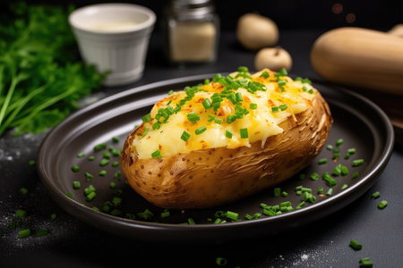 Baked Potato Dish With Cheese And Herbs, Ready To Devour.の素材