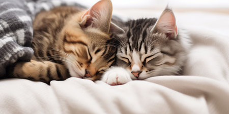 Cats Cuddled On Bed In Animal Shelter.の素材