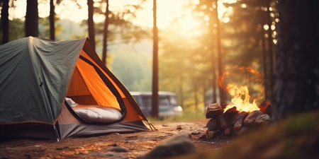Camping Aesthetic With Blurred Forest Background And Tent.の素材