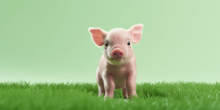 Cute Piglet On Green Lawn For World Vegan Day.の素材