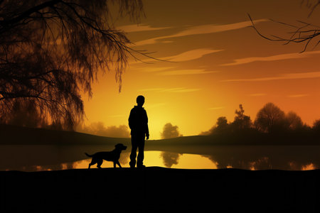 Boy And His Dog Silhouetted In Park At Sunset.の素材