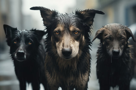 Drenched Stray Dogs Enduring The Rain. Concept Rainy Day Adventures, Resilient Strays, Rain-Soaked Pups, Brave Dogs In Rain, Wet But Happy Dogs.の素材