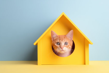 Curious Cat Peeking From Colorful Cat House.の素材