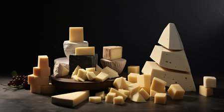 Dark And Shadowy Arrangement Of Cheese Chunks On Table.の素材
