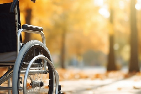 Closeup Of Disabled Person Riding Wheelchair In Park. Concept Inclusive Mobility, Barrier-Free Spaces, Empowering Disabled Individuals, Outdoor Accessibility.の素材