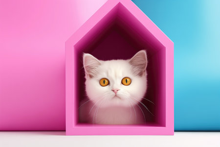Curious Cat Peeking From Colorful Cat House.の素材