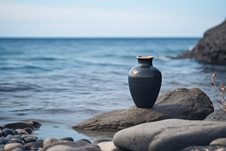 Cremation Urn On Rocky Beach. Concept Candlelight Vigil, Seashell Collecting, Solace In Nature, Remembering Loved Ones.の素材