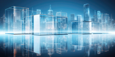 Future Urban Architecture With Bokeh And Reflection In Glass Panel.の素材