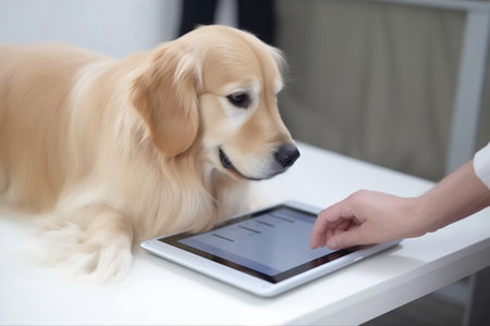 Golden Retriever Examined By Vet On Tablet.の素材