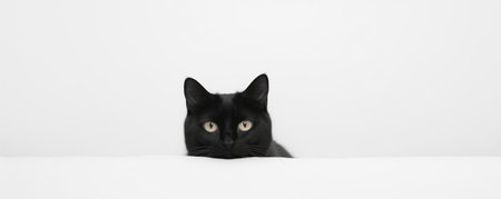 Black Cat On White Bed Isolated On Background.の素材