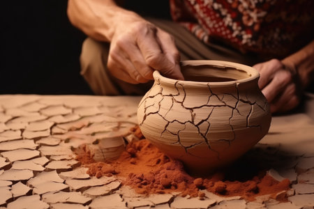 Dried Crops Over Cracked Dry Land Food Crisis Illustration Potter Shaping Clay Pot By Hand Traditional Pottery.の素材