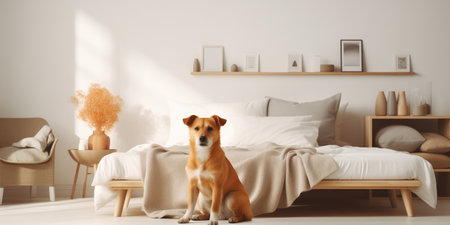 Ginger Mixed Breed Dog In Luxurious Bedroom.の素材