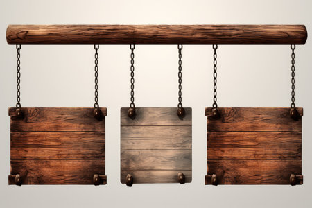 Medieval Wooden Sign Hanging On Chains Isolated Background.の素材