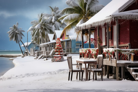 Tropical Bungalow, Beach Bar, And Huts On White Backdrop Snowing Winter Wonderland With Town And Christmas Tree.の素材