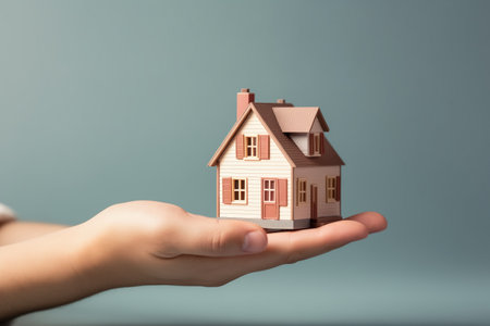Hand Holding Keys To New Home Signifies Ownership Tiny House Held In Hand, Symbolizing Real Estate Concepts.の素材