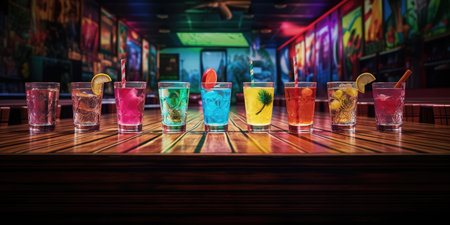 Miami Bar Background With Empty Wooden Table And Rainbow Lights.の素材