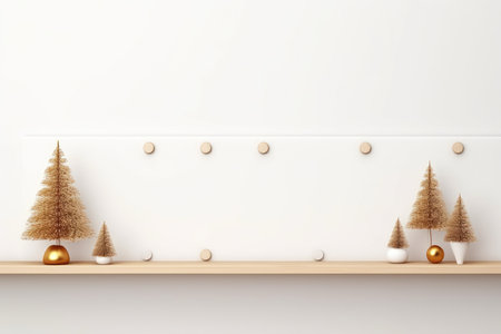 White Wall Banner With Christmas Decor And Wood Shelf Trees.の素材