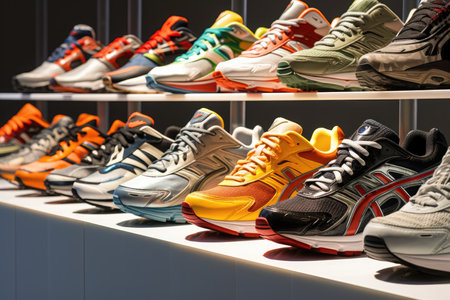 Assortment Of Mens Running Shoes In Shop Window Wide Range Of Mens Running Shoes Showcased In Store Window.の素材