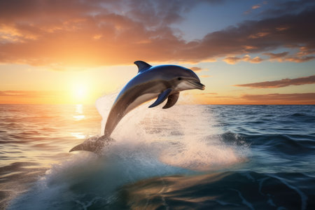 High resolution Stock Photo Of Dolphin Jumping Out Of Water. Concept Marine Life Photography, Wildlife Action Shots, Oceanic Beauties, Aquatic Adventures.の素材