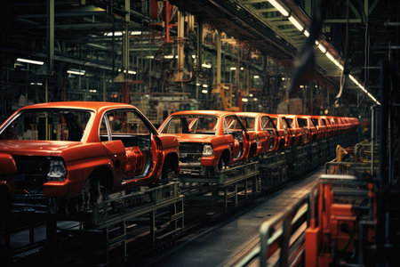 Highangle View Of Cars On Production Line In Factory.の素材