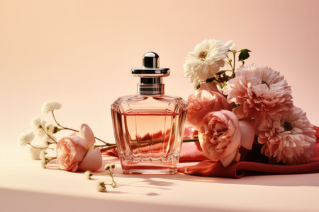 Stylish Perfume Composition With Bottles And Flowers.の素材