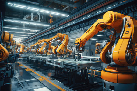 Futuristic Factory With Robotic Arms At Work.の素材