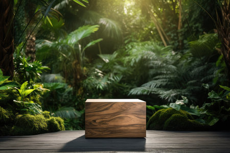 Wooden Cube Podium In Tropical Forest For Product Presentation.の素材