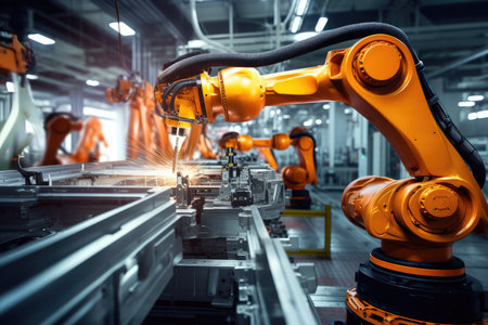 Robotic Arms And Conveyors In Manufacturing Plant.の素材