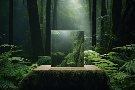Wooden Cube Podium In Tropical Forest For Product Presentation.の素材