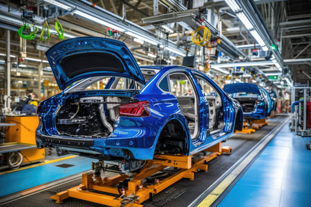 Workers On Car Production Line In Car Factory. Concept Car Assembly Line, Automotive Manufacturing, Factory Workers, Industrial Production, Automobile Industry.の素材