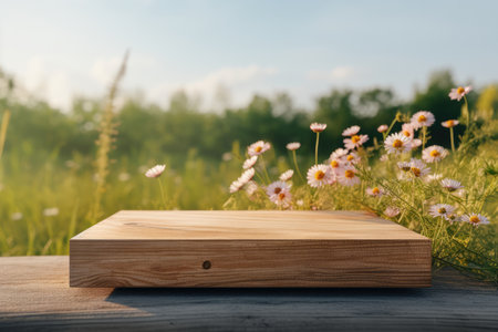 Wood Podium In Meadow For Product Presentation.の素材