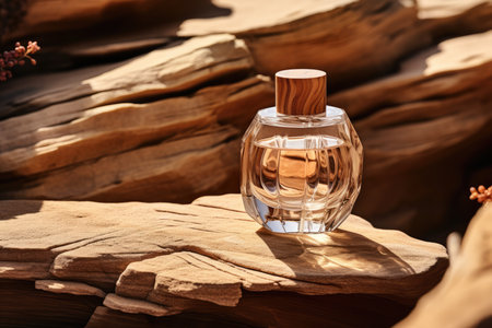 White Perfume Bottle On Stone And Wood Backdrop.の素材
