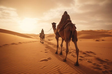 Tourist Enjoying Camel Ride In The Desert With Joy.の素材