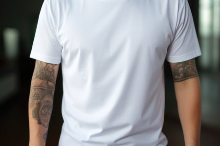 White Man With Tattoos Displaying Blank White Tshirt Mockup.の素材