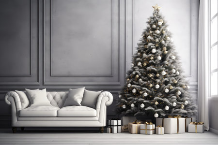 Beautiful Christmas Tree With Gifts In Monochrome Living Room.の素材