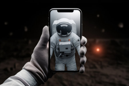Astronaut Holding Mobile Phone Mockup.の素材