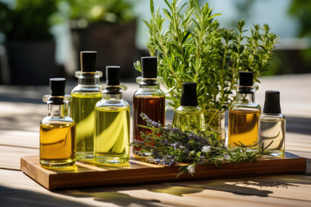 Essential Oil Bottles On Wooden Surface, Derived From Plants.の素材