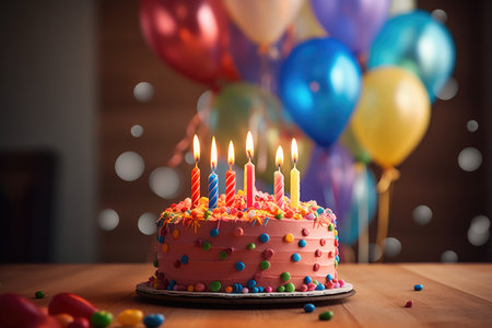 Colorful Birthday Party Balloons And Cake With Candles. Ð¡oncept Delicious Desserts, Fun Party Games, Birthday Decorations, Birthday Cake Smash.の素材