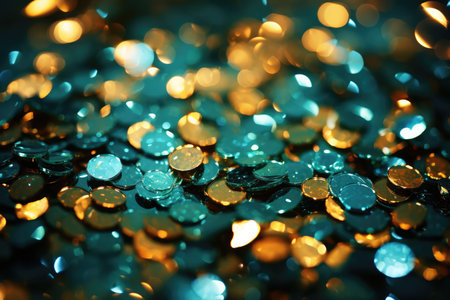 Teal Green And Gold Abstract Glitter Bokeh Background.の素材